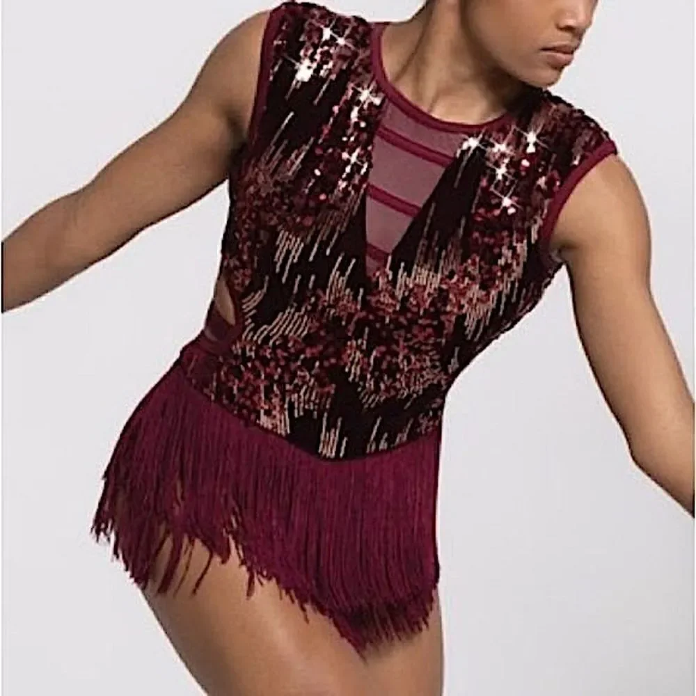 WEISSMAN Elite Dance Costume burgundy red sequin fringe Belong D13198 SA